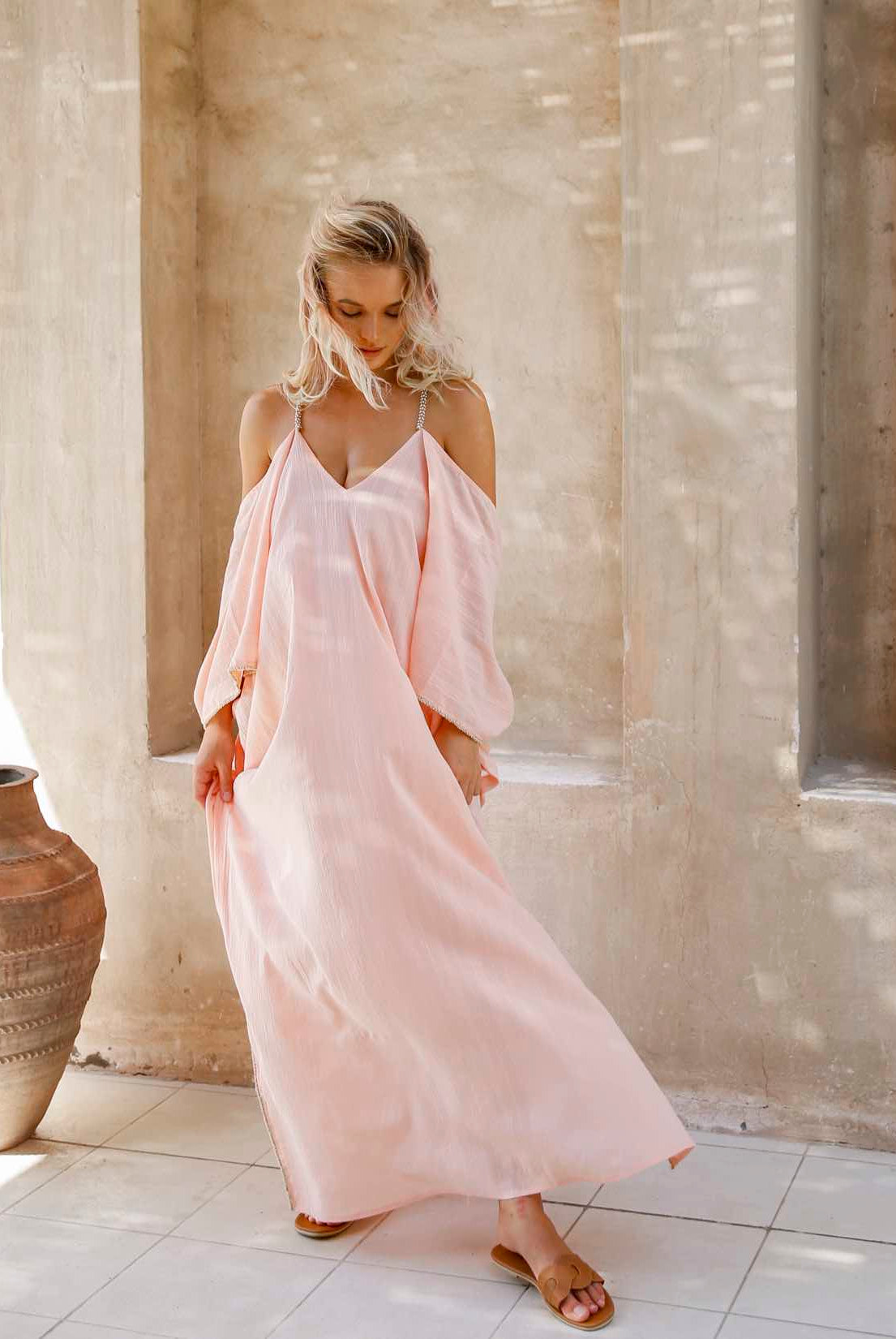 Elegance's salmon pink long beach kaftan dubai