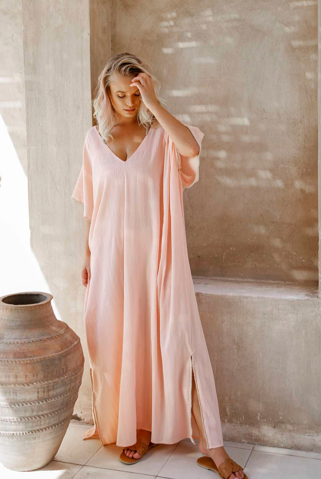 Elegance's salmon pink long beach kaftan Dubai