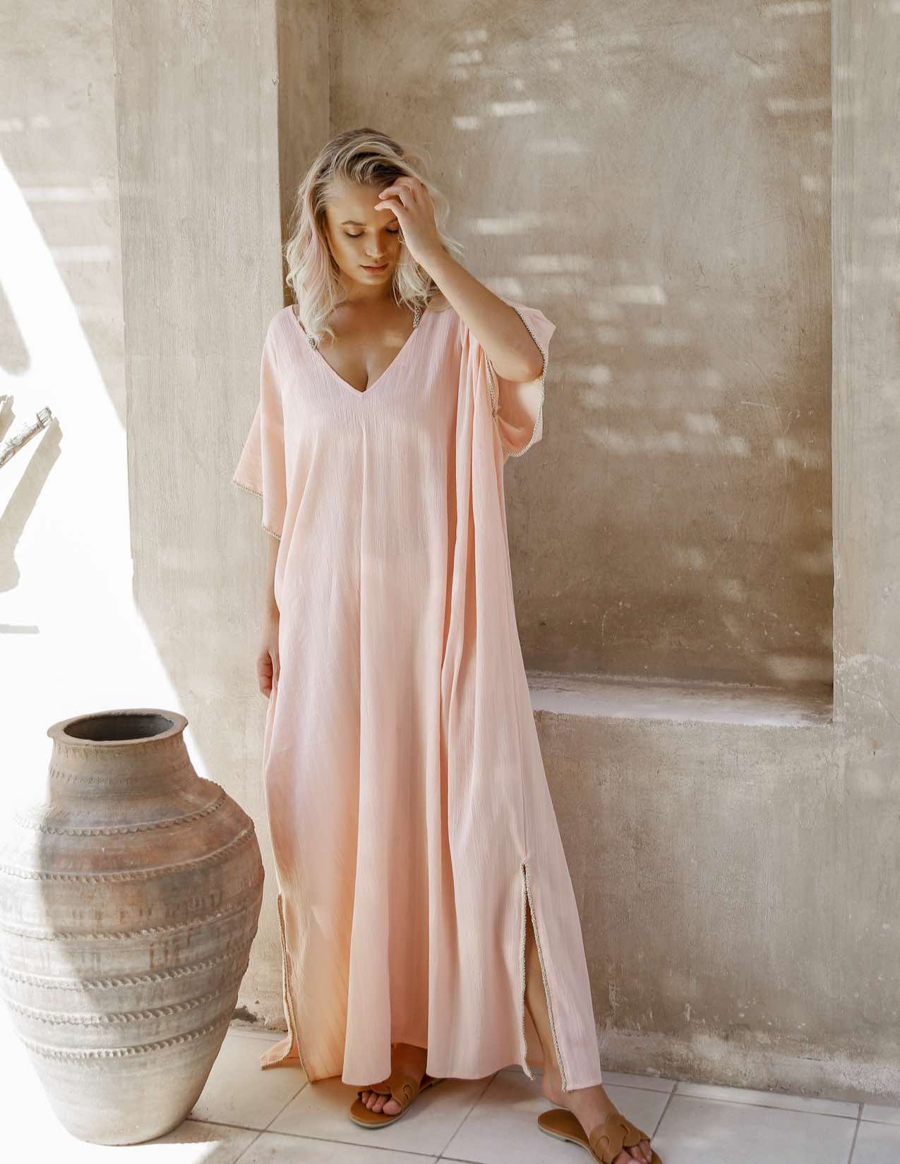 Elegance's salmon pink long beach kaftan Dubai