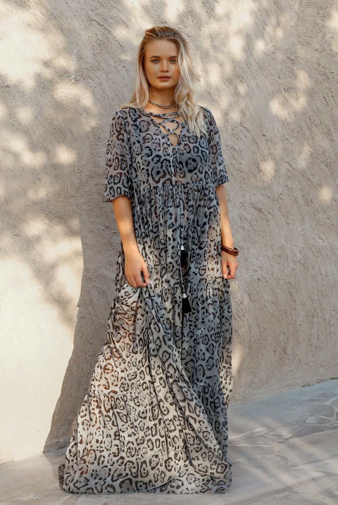 Elegance's grey leopard maxi summer beach dress Dubai