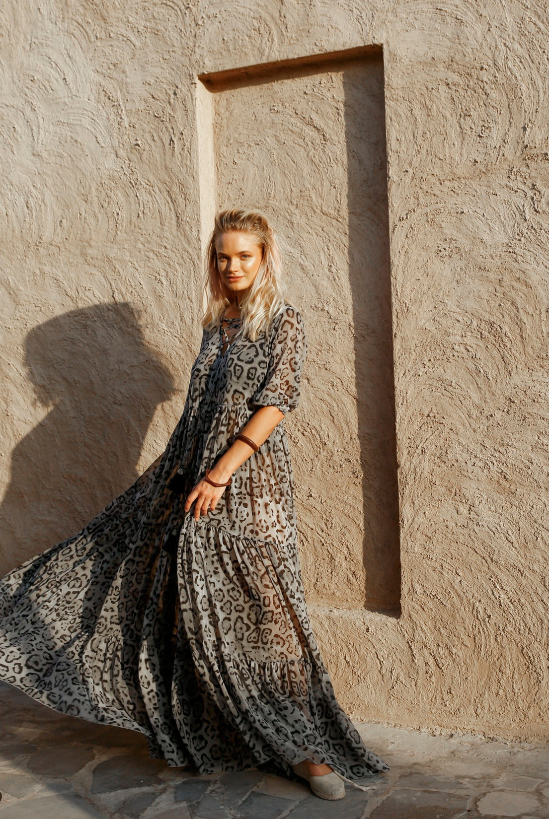 Elegance's grey leopard maxi summer beach dress Dubai