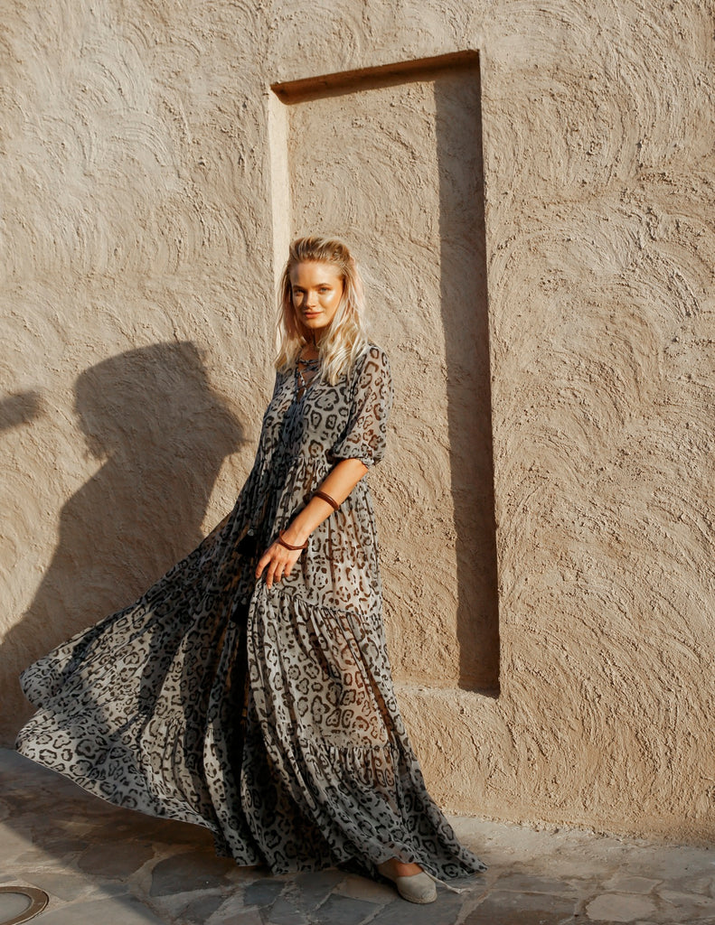 Elegance's grey leopard maxi summer beach dress Dubai 