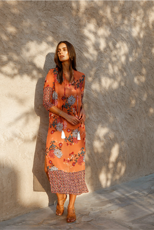 Elegance's orange floral multicolor long beach dress