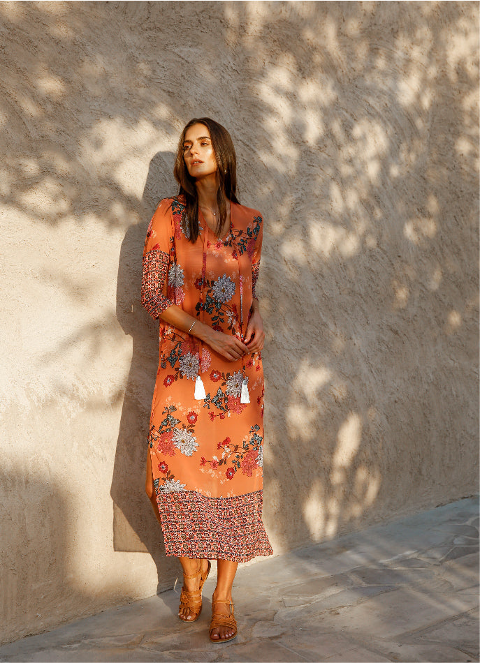 Elegance's orange floral multicolor long beach dress