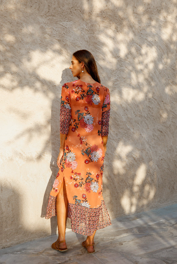 Elegance's orange floral multicolor long beach dress