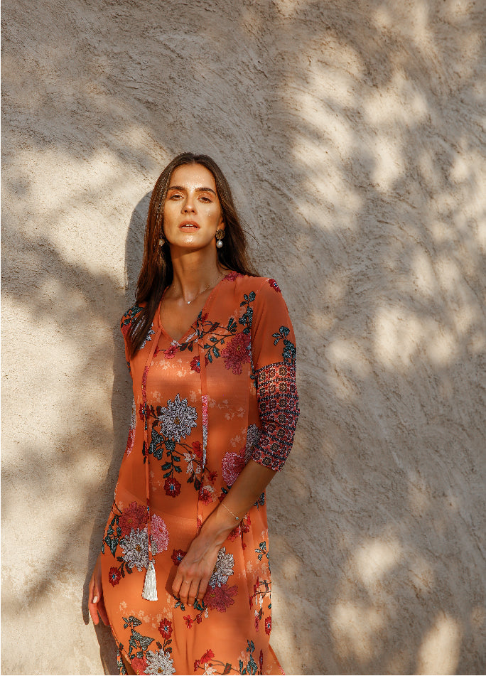 Elegance's orange floral multicolor long beach dress