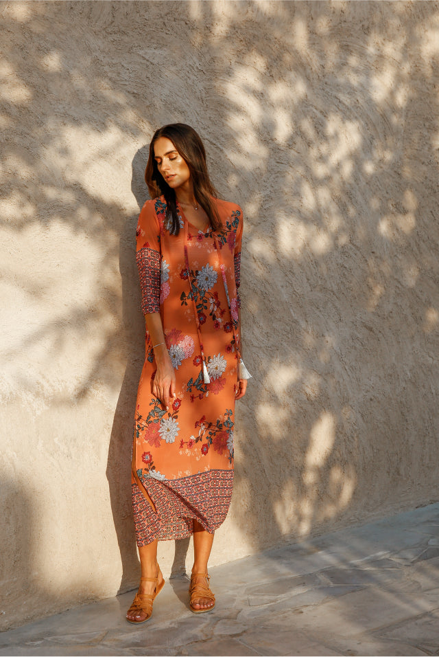 Elegance's orange floral multicolor long beach dress