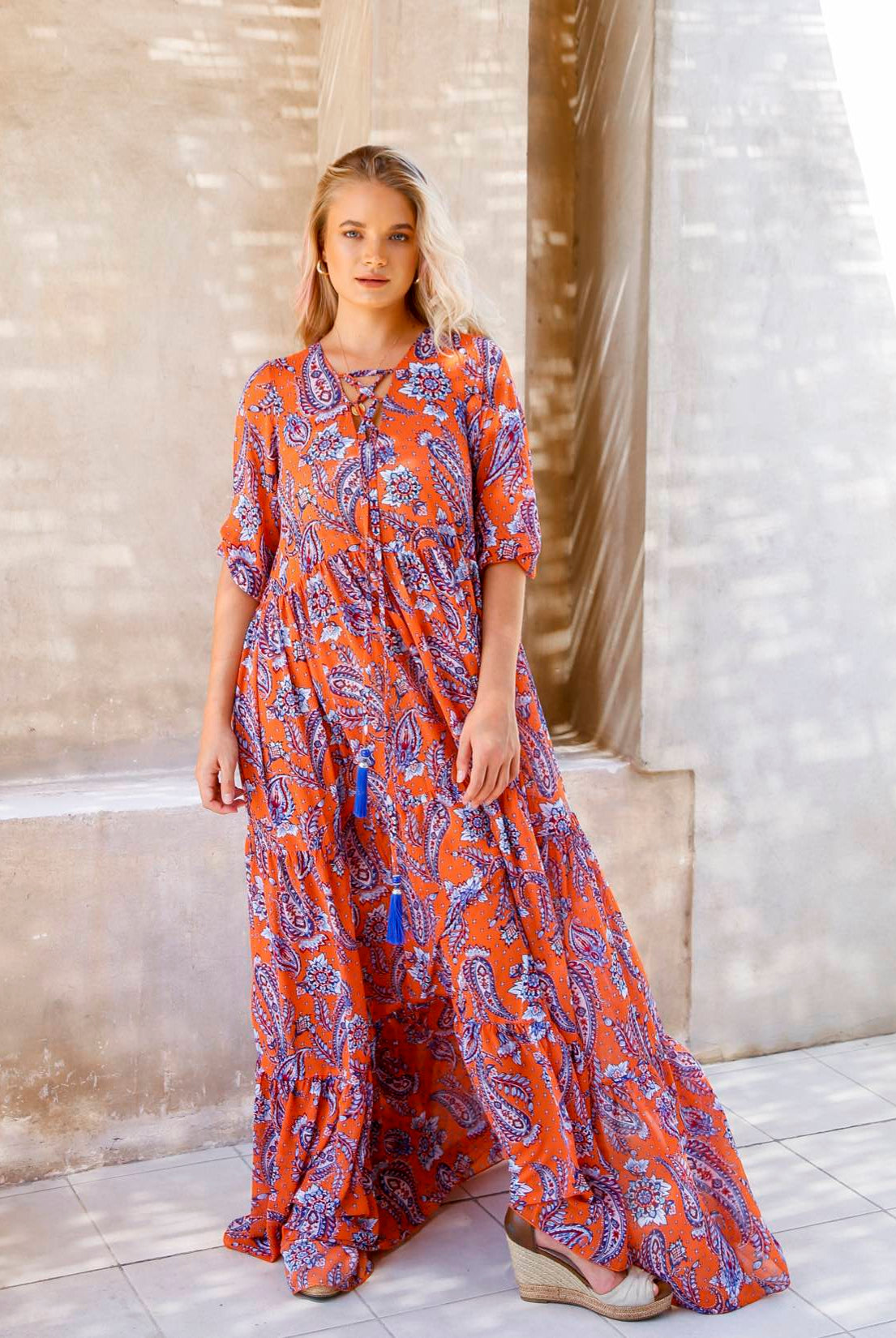 Elegance's floral orange maxi beach summer dress Dubai
