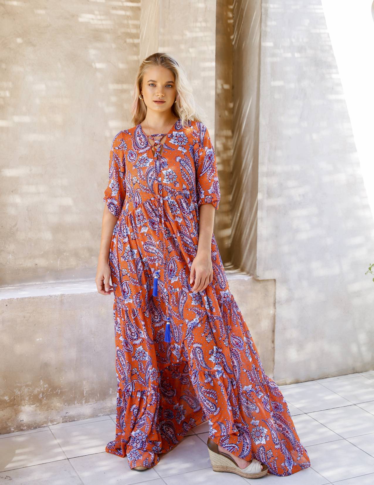 Elegance's floral orange maxi beach summer dress Dubai
