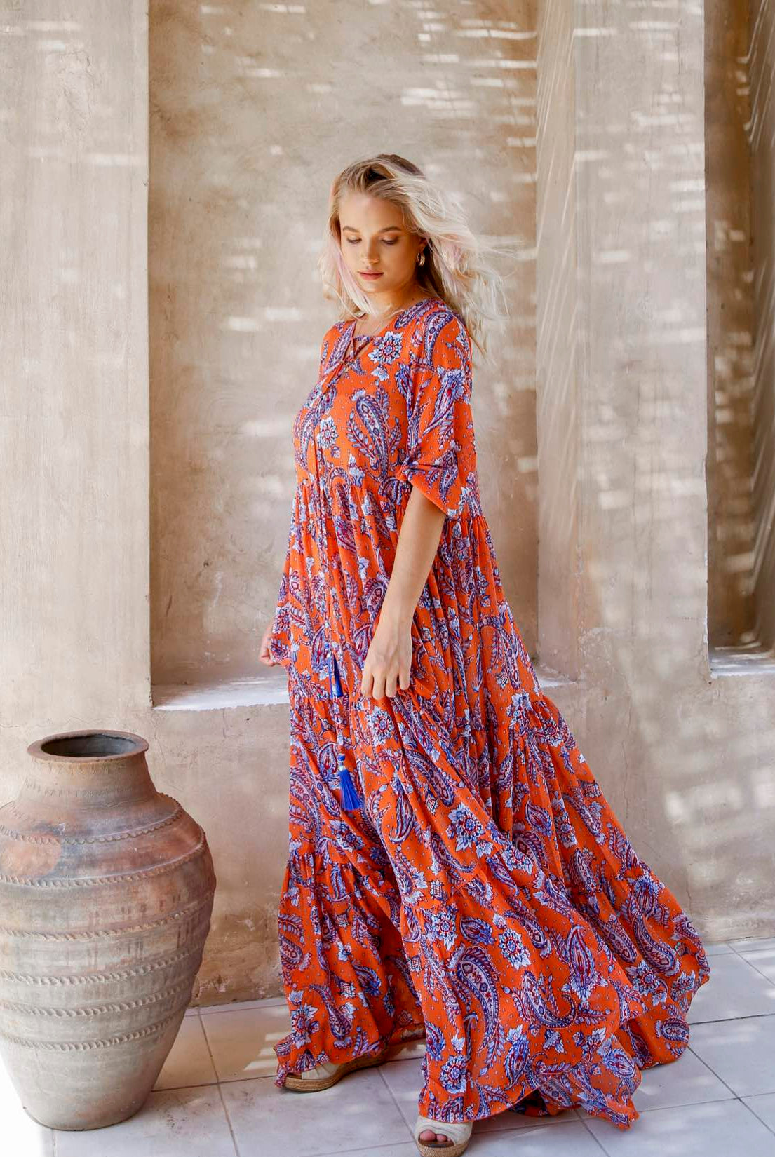 Elegance's floral orange maxi beach summer dress Dubai