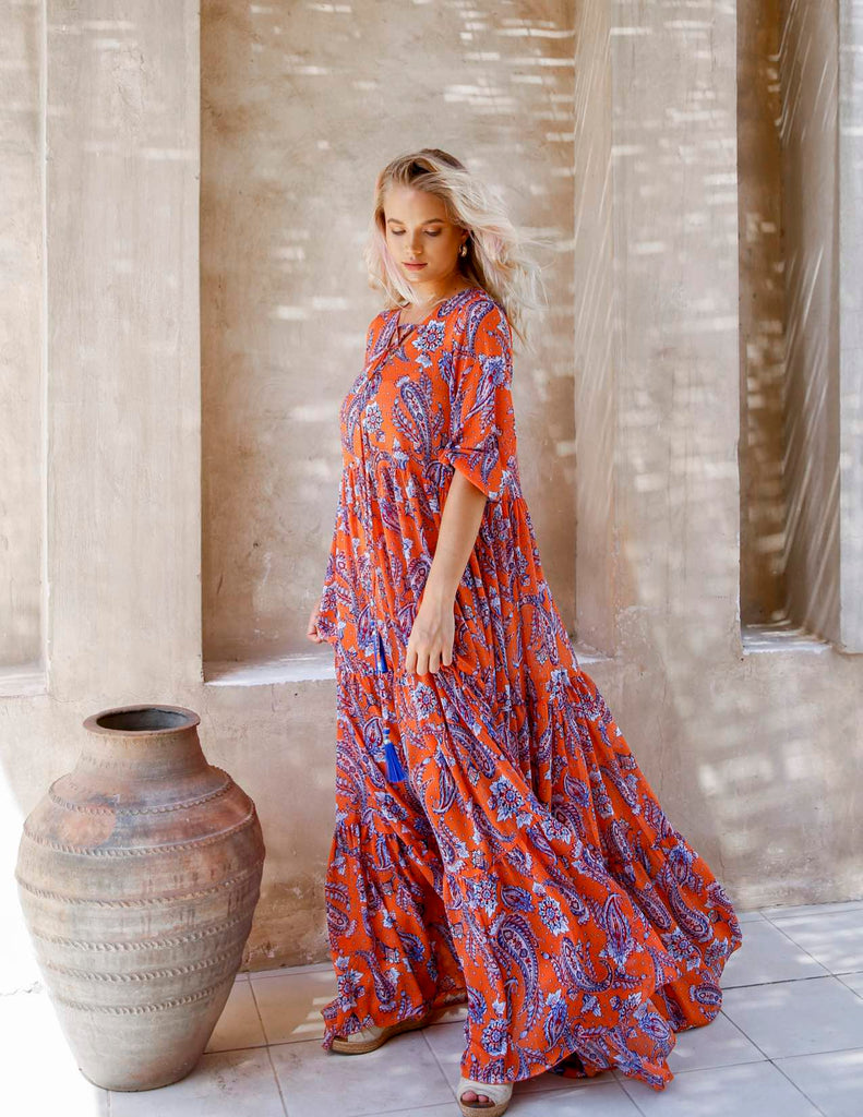 Elegance's floral orange maxi beach summer dress Dubai