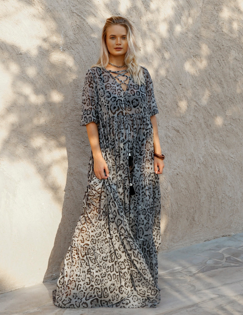 Elegance's grey leopard maxi summer beach dress Dubai 
