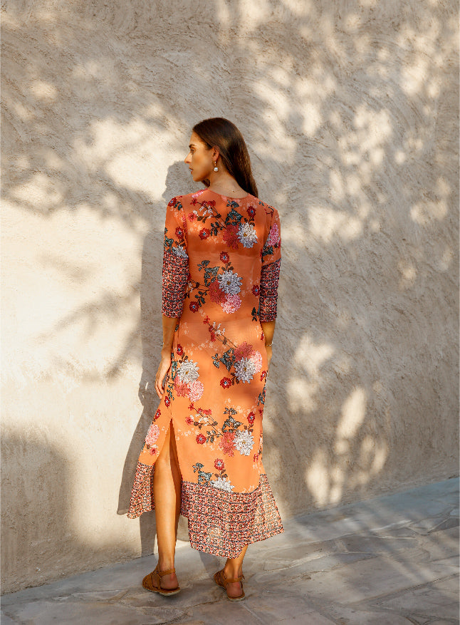 Elegance's orange floral multicolor long beach dress