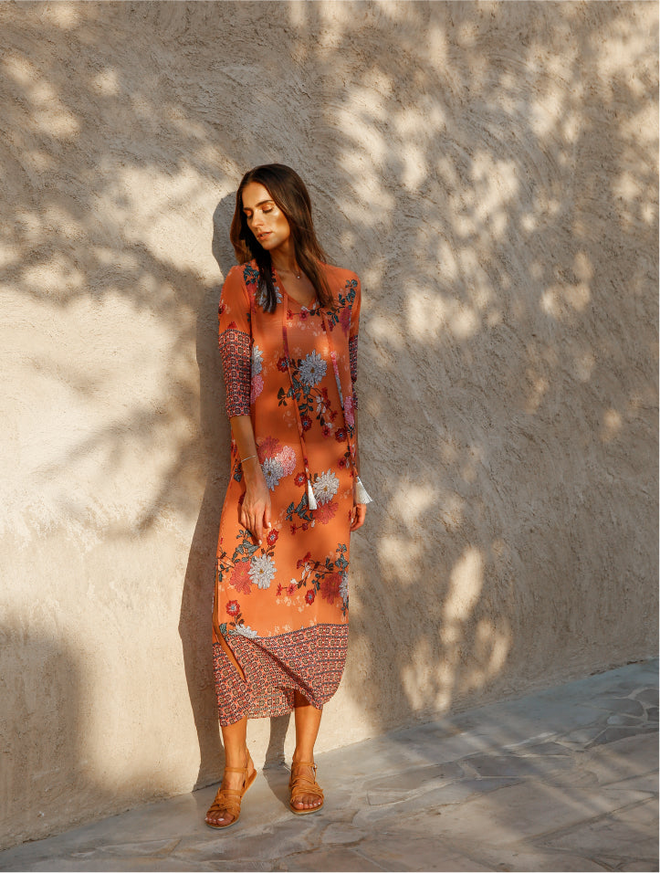 Elegance's orange floral multicolor long beach dress