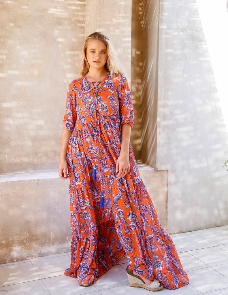 Elegance's floral  orange maxi beach summer dress Dubai