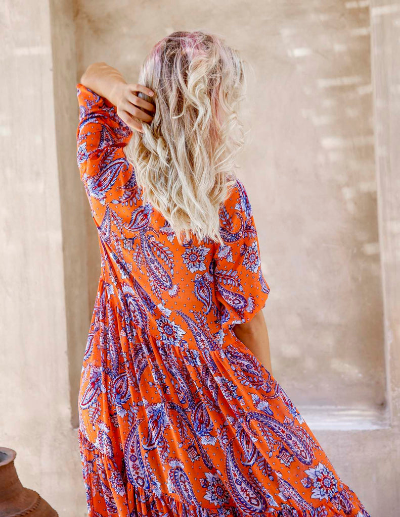 Elegance's floral orange maxi beach summer dress Dubai