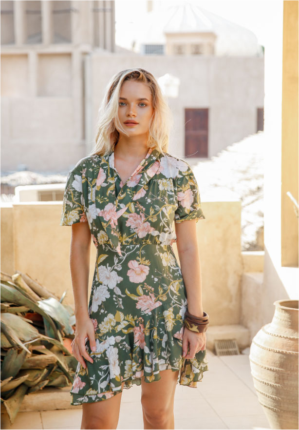 Elegance's floral green summer day dress